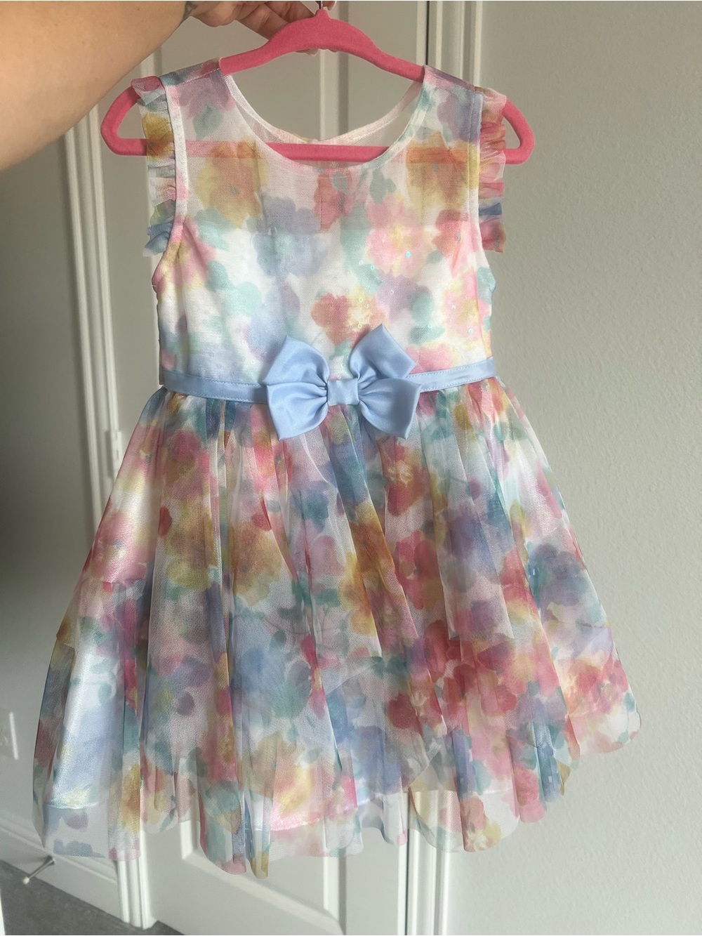 Jona Michelle Pastel Watercolor Floral Party Dress with Light Blue Bow like new